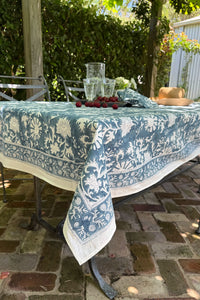 Juniper Hearth blockprint cotton table cloth in blue and white floral.