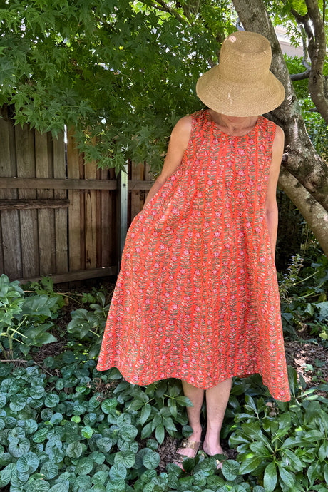 Juniper Hearth Tulsi dress in coral floral cotton blockprint.