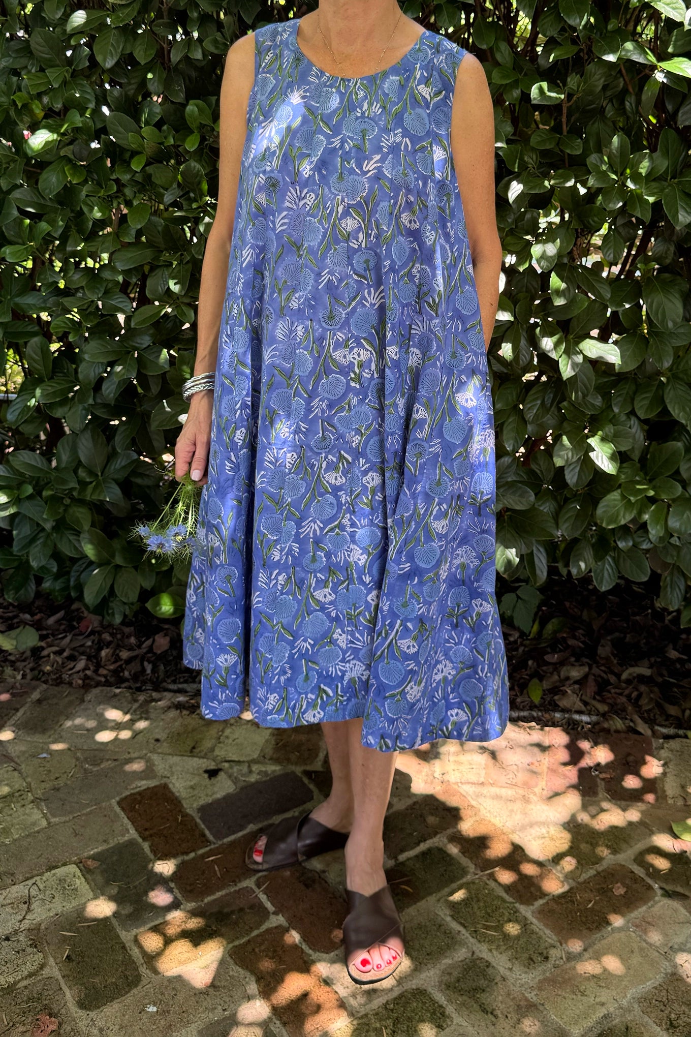 Juniper Hearth Tulsi dress in cornflower blue cotton blockprint.