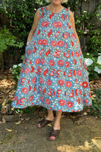 Load image into Gallery viewer, Juniper Hearth Tulsi dress in sky blue and red floral cotton blockprint.