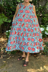 Juniper Hearth Tulsi dress in sky blue and red floral cotton blockprint.