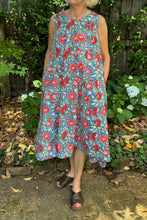 Load image into Gallery viewer, Juniper Hearth Tulsi dress in sky blue and red floral cotton blockprint.