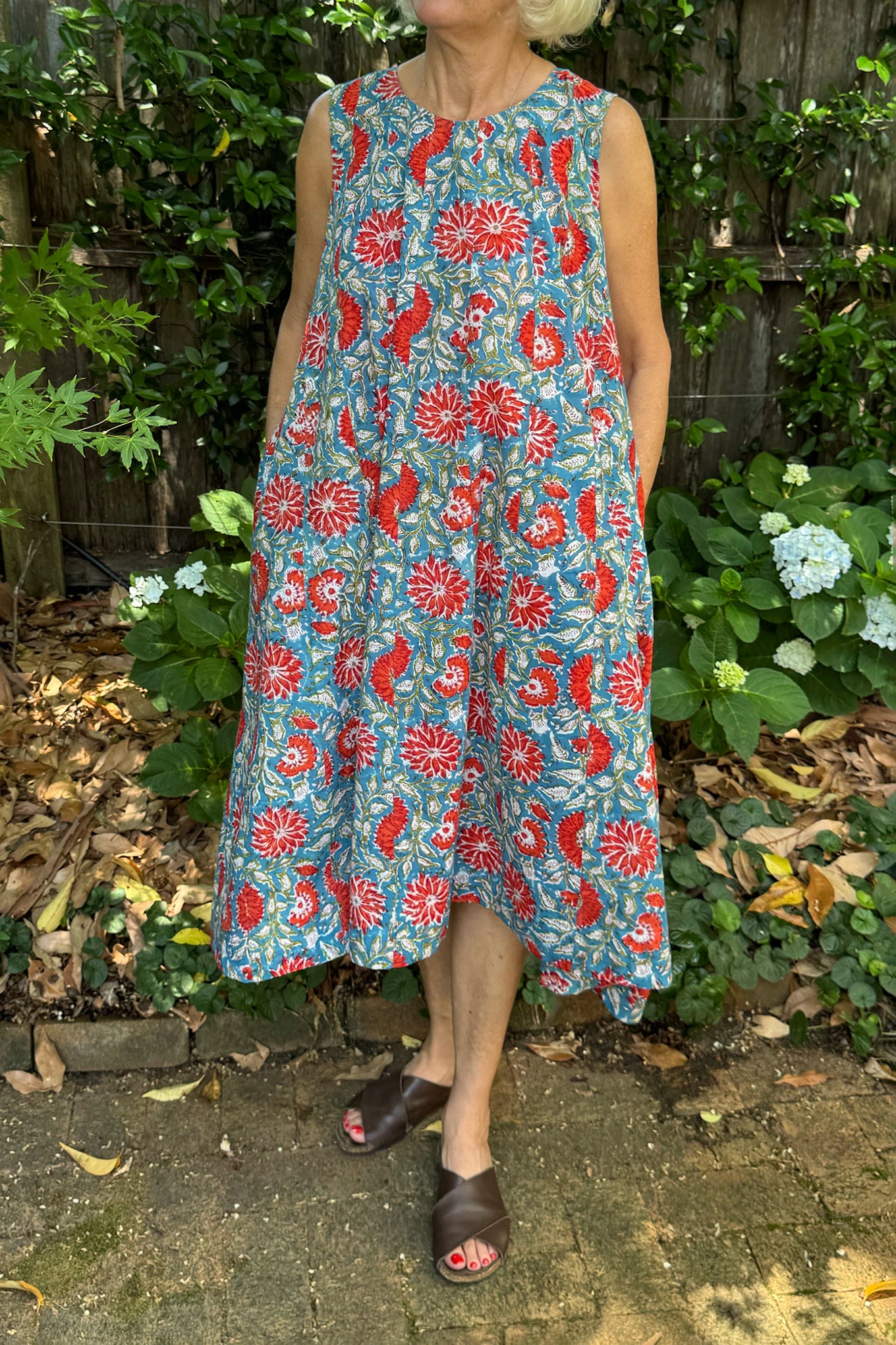 Juniper Hearth Tulsi dress in sky blue and red floral cotton blockprint.