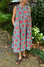 Load image into Gallery viewer, Juniper Hearth Tulsi dress in sky blue and red floral cotton blockprint.