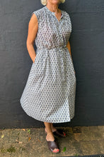 Load image into Gallery viewer, Zoe dress button up sleeveless blue grey bhuti blockprint summer cotton dress.