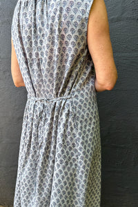 Zoe dress button up sleeveless blue grey bhuti blockprint summer cotton dress.