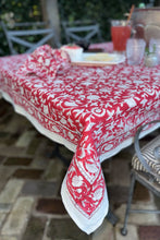 Load image into Gallery viewer, Juniper Hearth blockprint cotton table cloth in red and white floral.