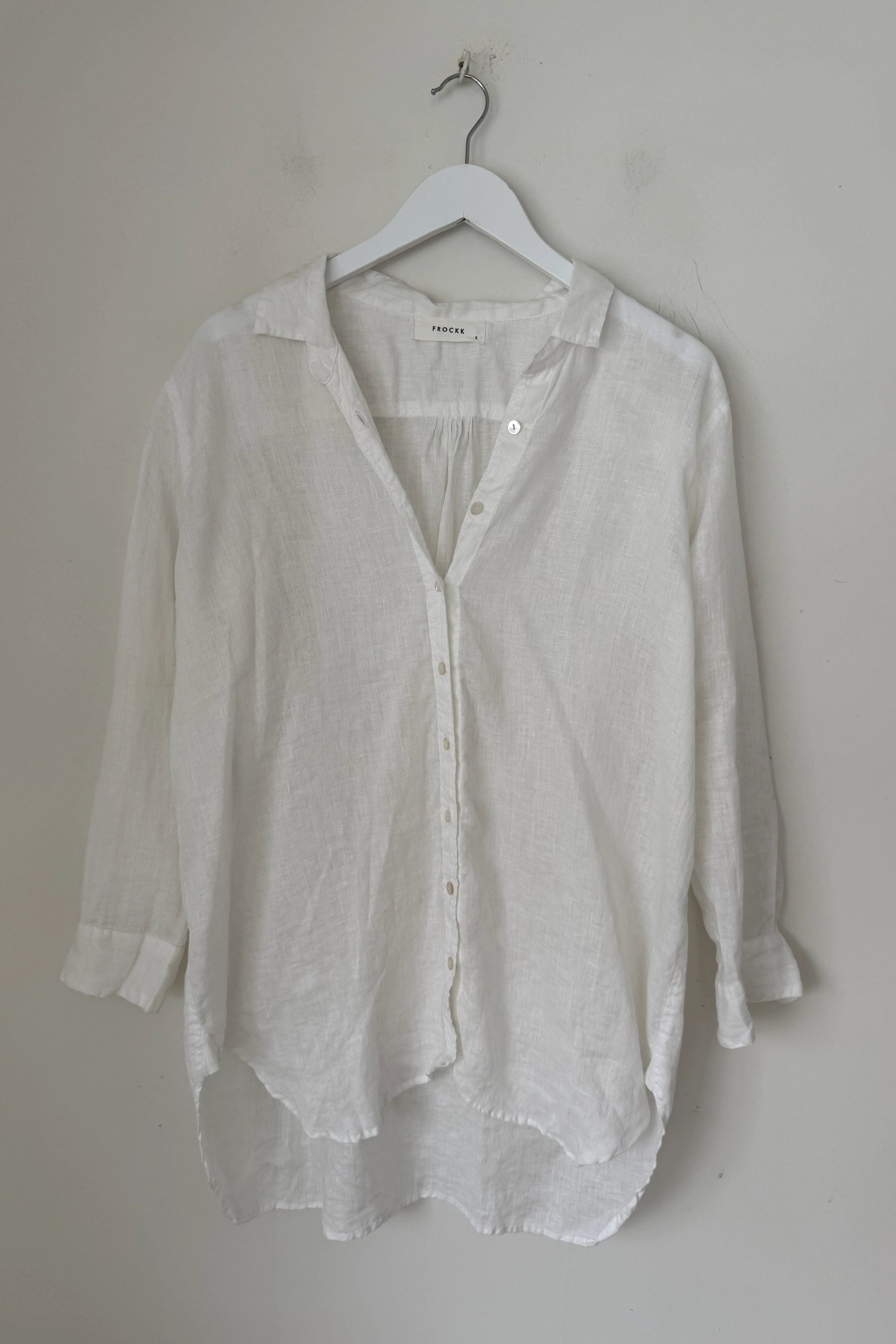 Frockk white linen button up Skyla shirt.
