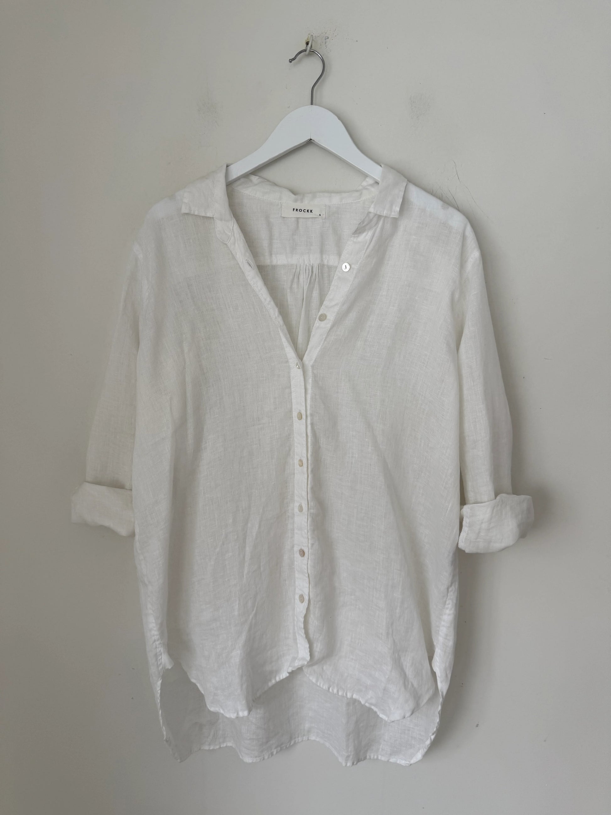 Frockk white linen button up Skyla shirt.