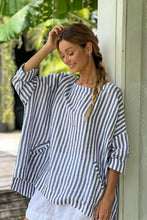 Load image into Gallery viewer, Frockk Louise one size oversized linen tunic top in cornflower blue and white stripe.