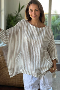 Frockk Louise one size oversized linen tunic top in natural and white stripe.