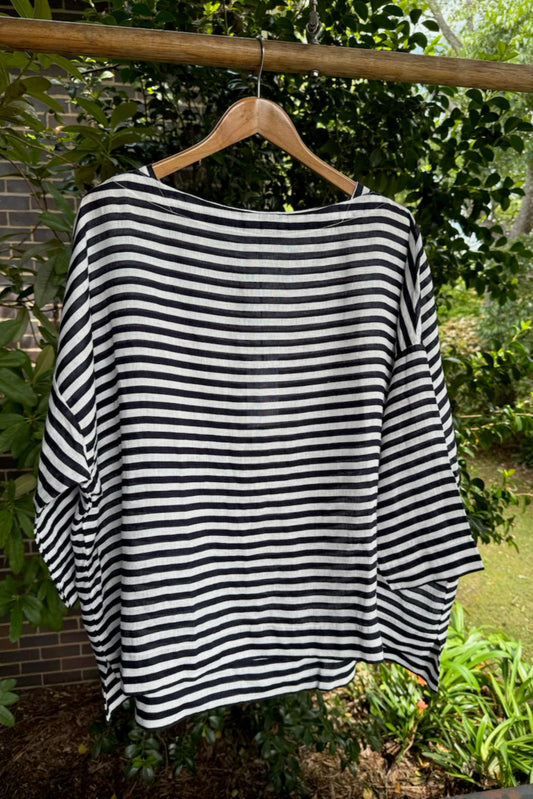 Frockk one size linen Avril top in navy and white stripe.