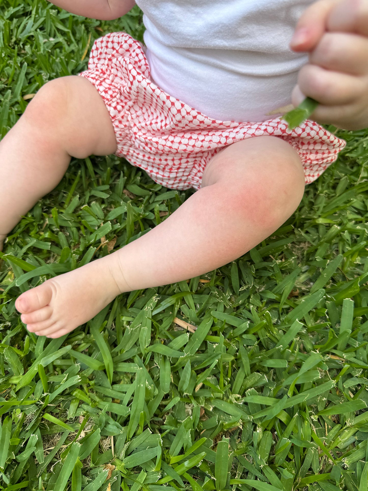 Juni Kids pure cotton blockprint baby toddler bloomers in red on white dot pattern.
