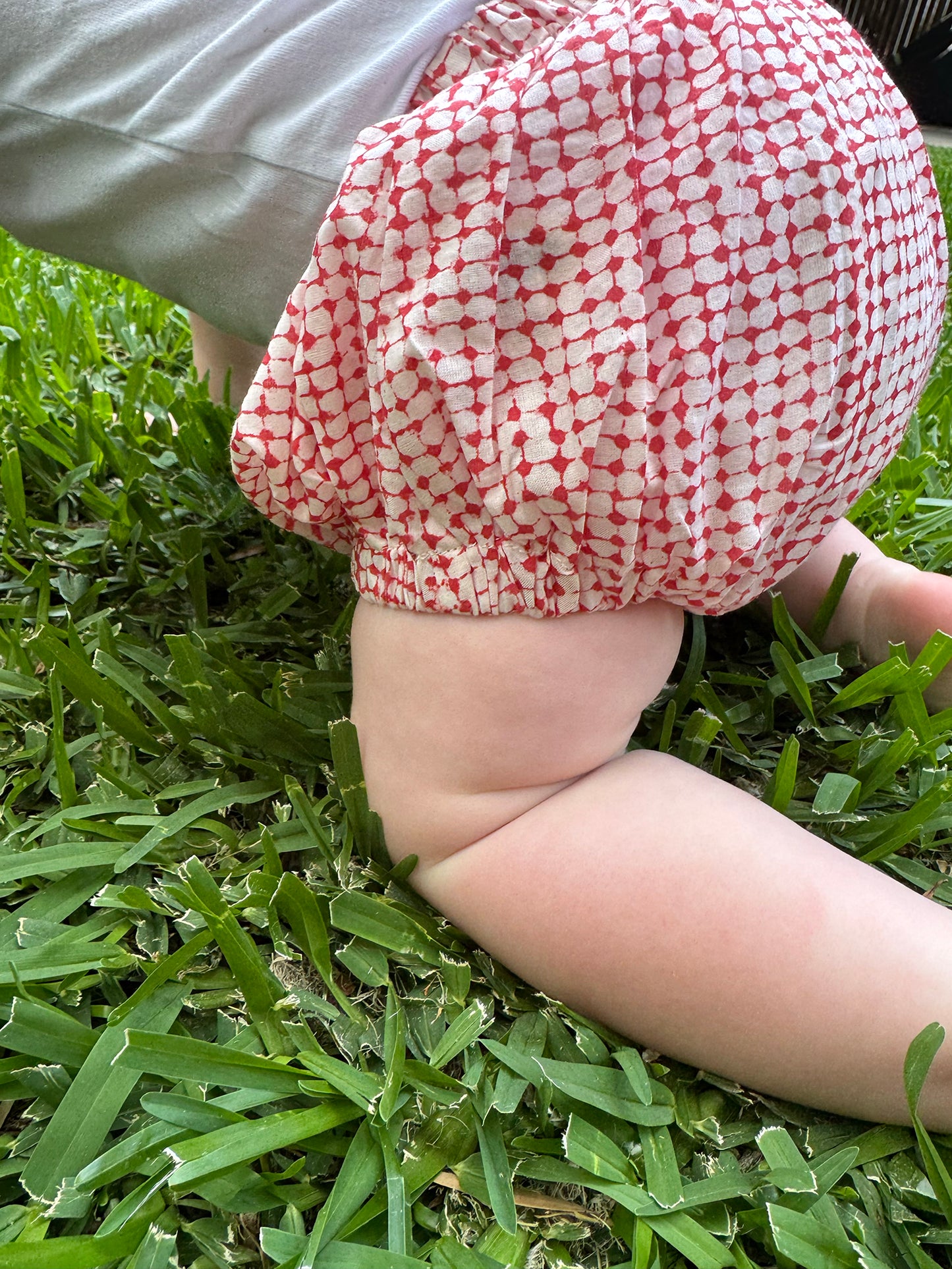 Juni Kids pure cotton blockprint baby toddler bloomers in red on white dot pattern.