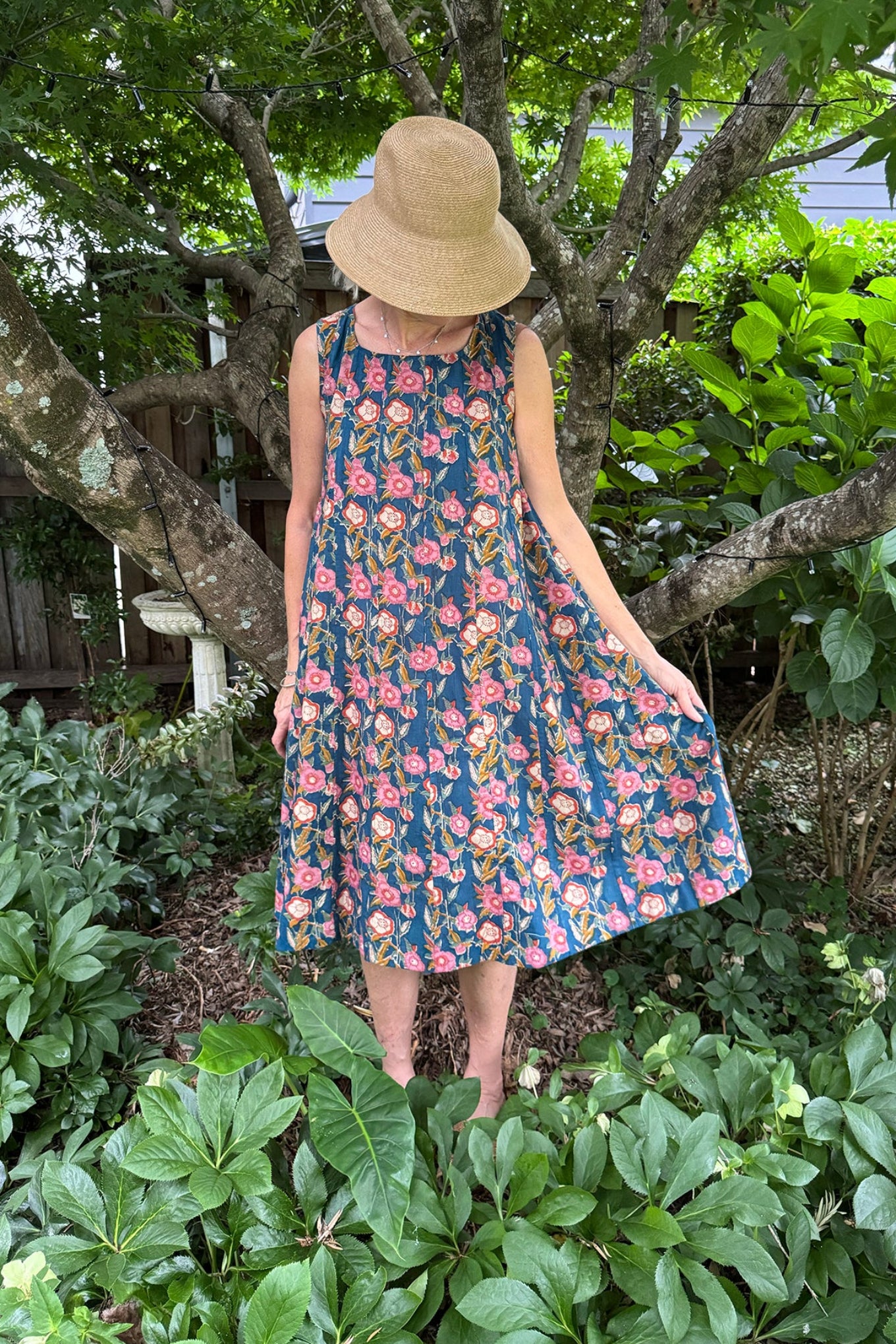 Juniper Hearth Tulsi cotton sleeveless sun dress blockprinted multicolour floral on blue.