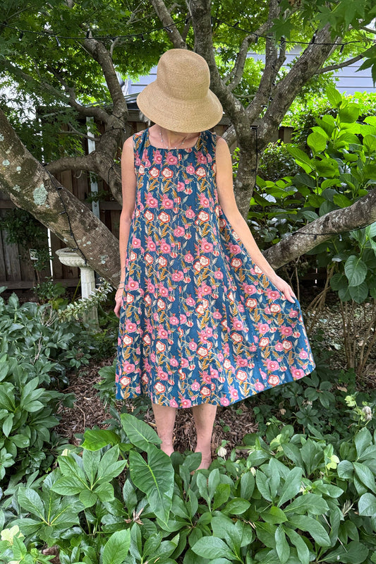 Juniper Hearth Tulsi cotton sleeveless sun dress blockprinted multicolour floral on blue.