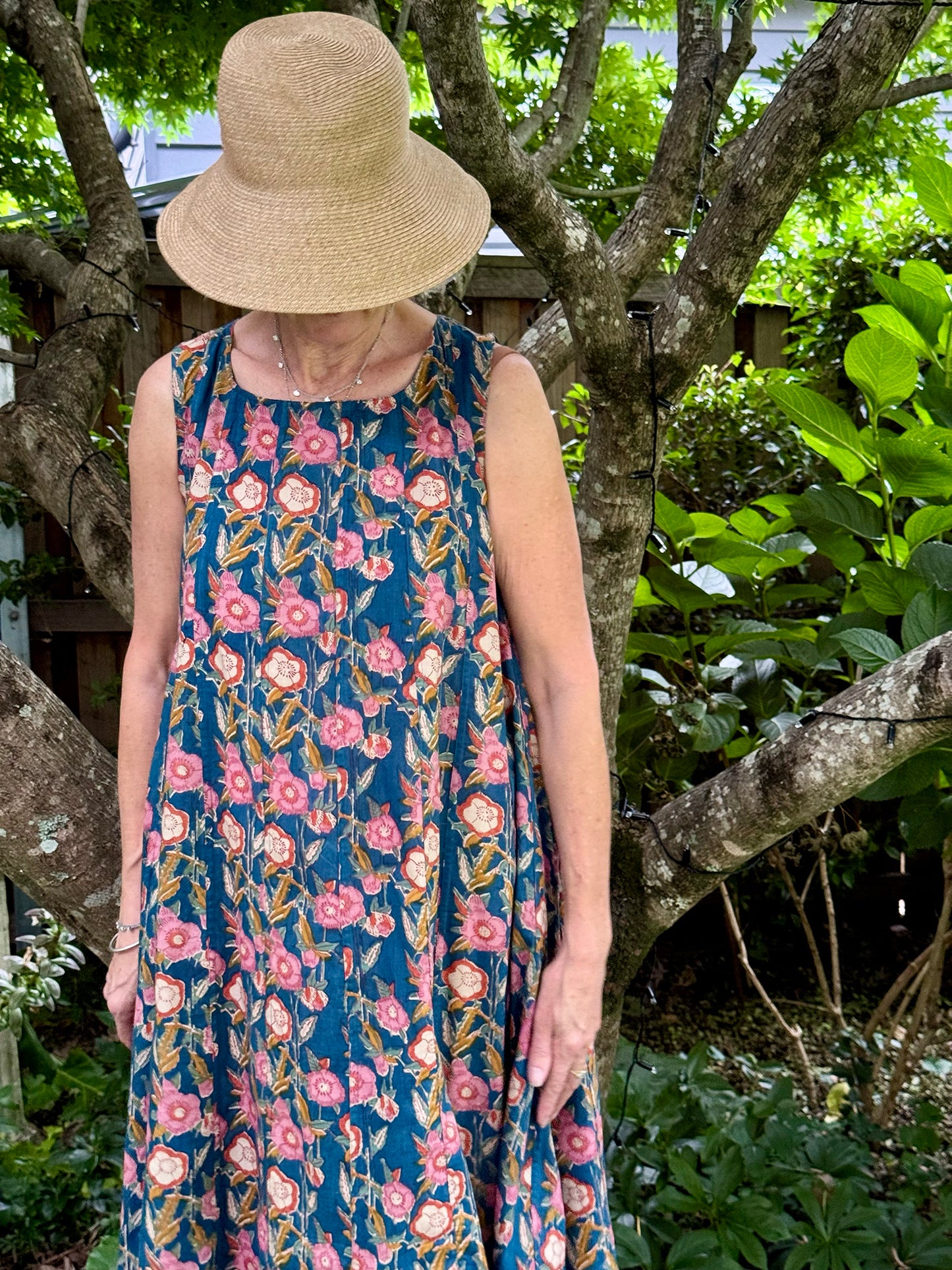 Juniper Hearth Tulsi cotton sleeveless sun dress blockprinted multicolour floral on blue.