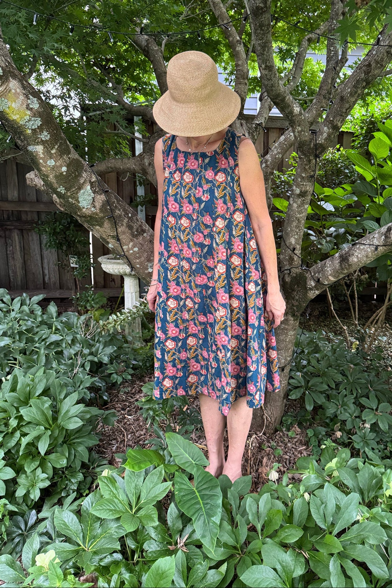 Juniper Hearth Tulsi cotton sleeveless sun dress blockprinted multicolour floral on blue.