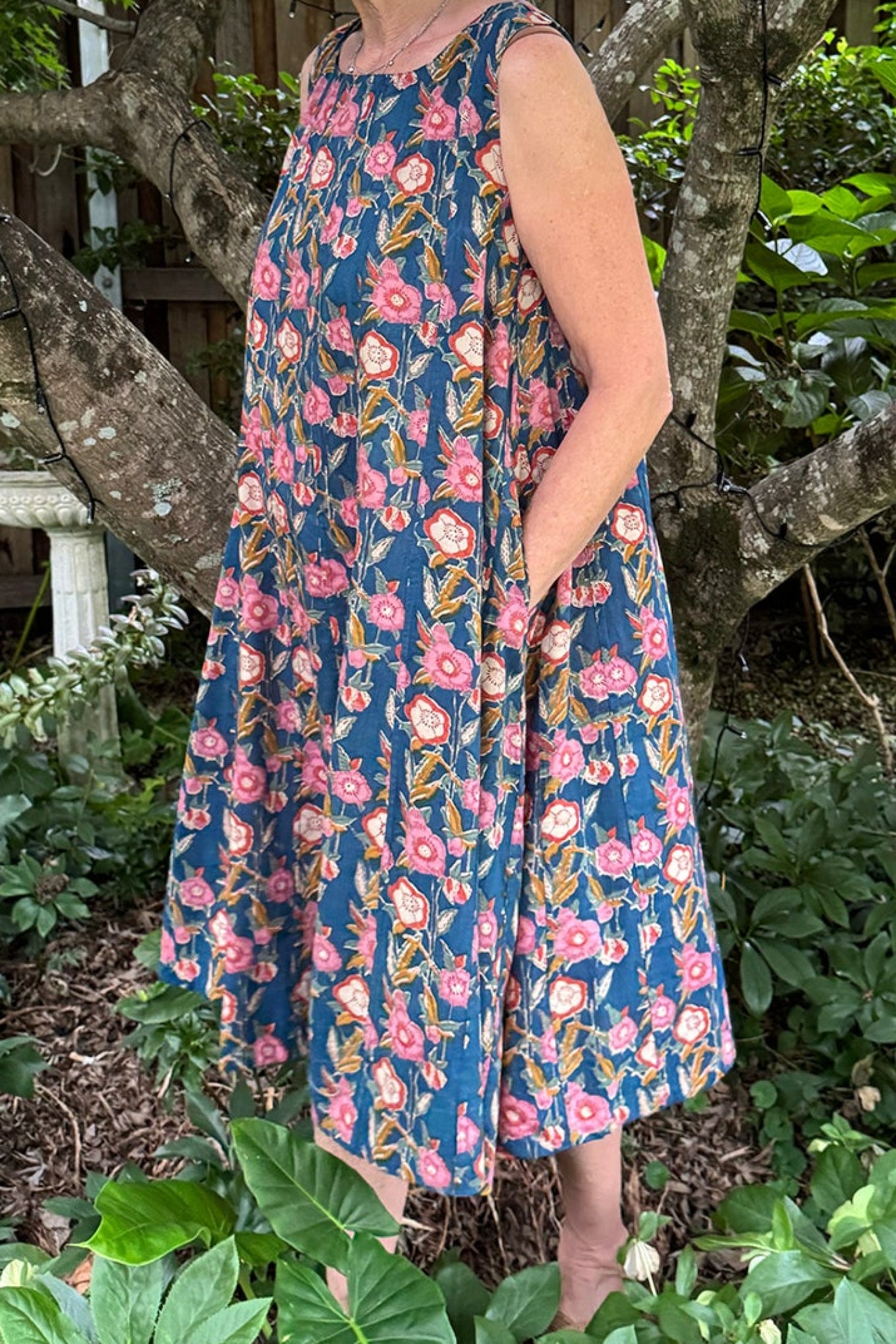 Juniper Hearth Tulsi cotton sleeveless sun dress blockprinted multicolour floral on blue.