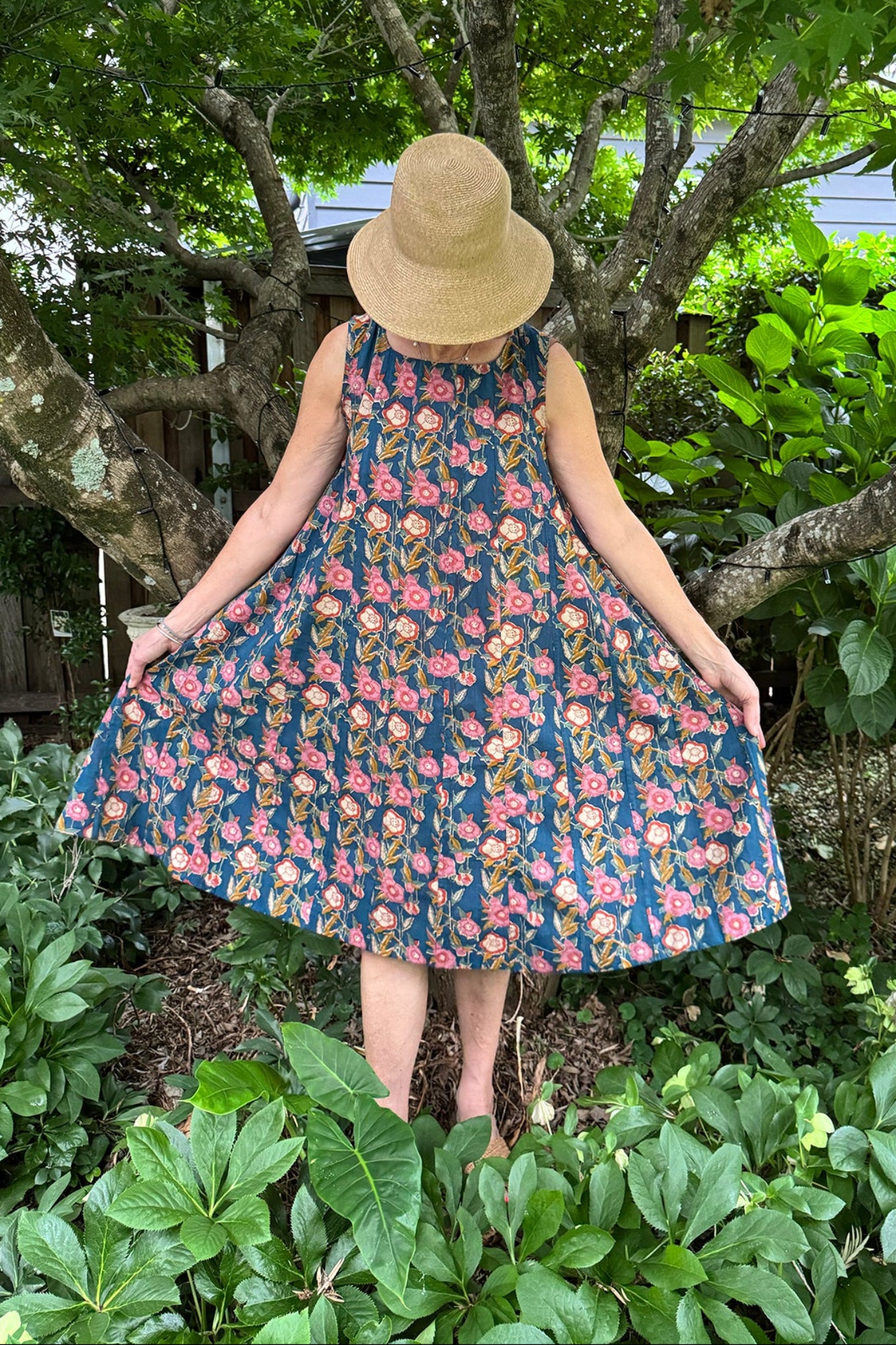 Juniper Hearth Tulsi cotton sleeveless sun dress blockprinted multicolour floral on blue.