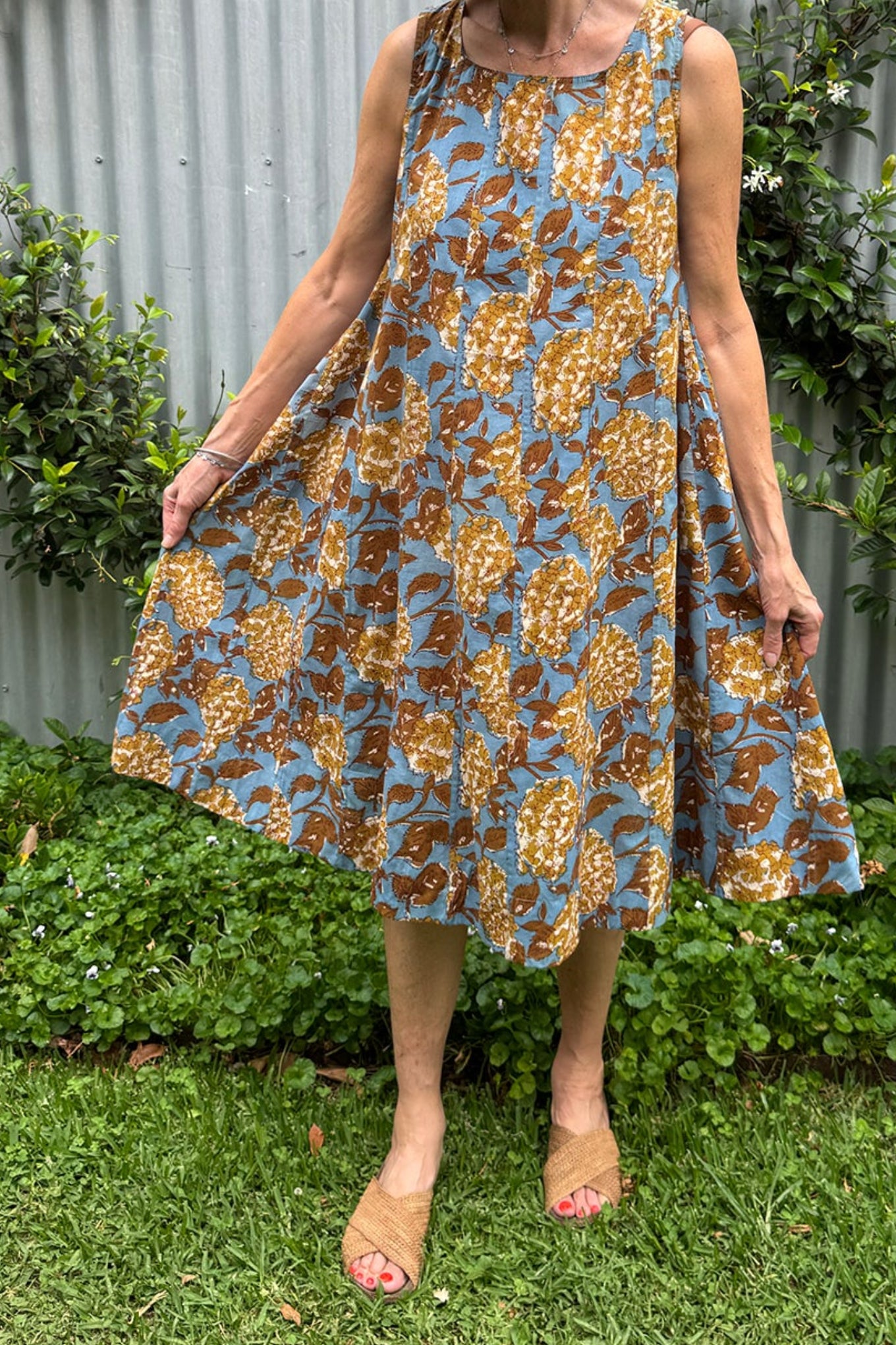 Juniper Hearth Tulsi cotton sleeveless sun dress blockprinted vintage mustard and olive hydrangea print on blue.