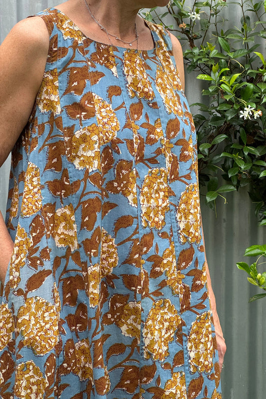 Juniper Hearth Tulsi cotton sleeveless sun dress blockprinted vintage mustard and olive hydrangea print on blue.