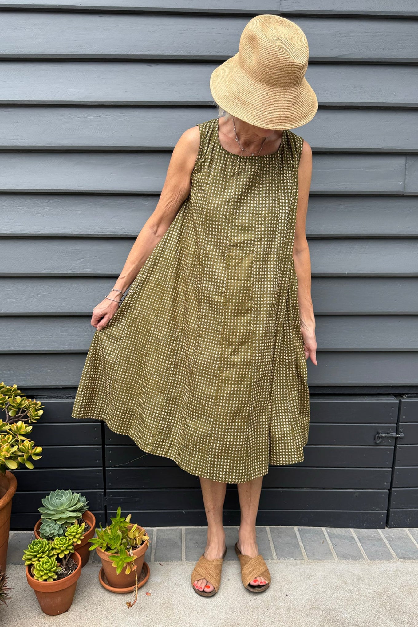 Juniper Hearth Tulsi cotton sleeveless sun dress screenprinted dots on olive green.