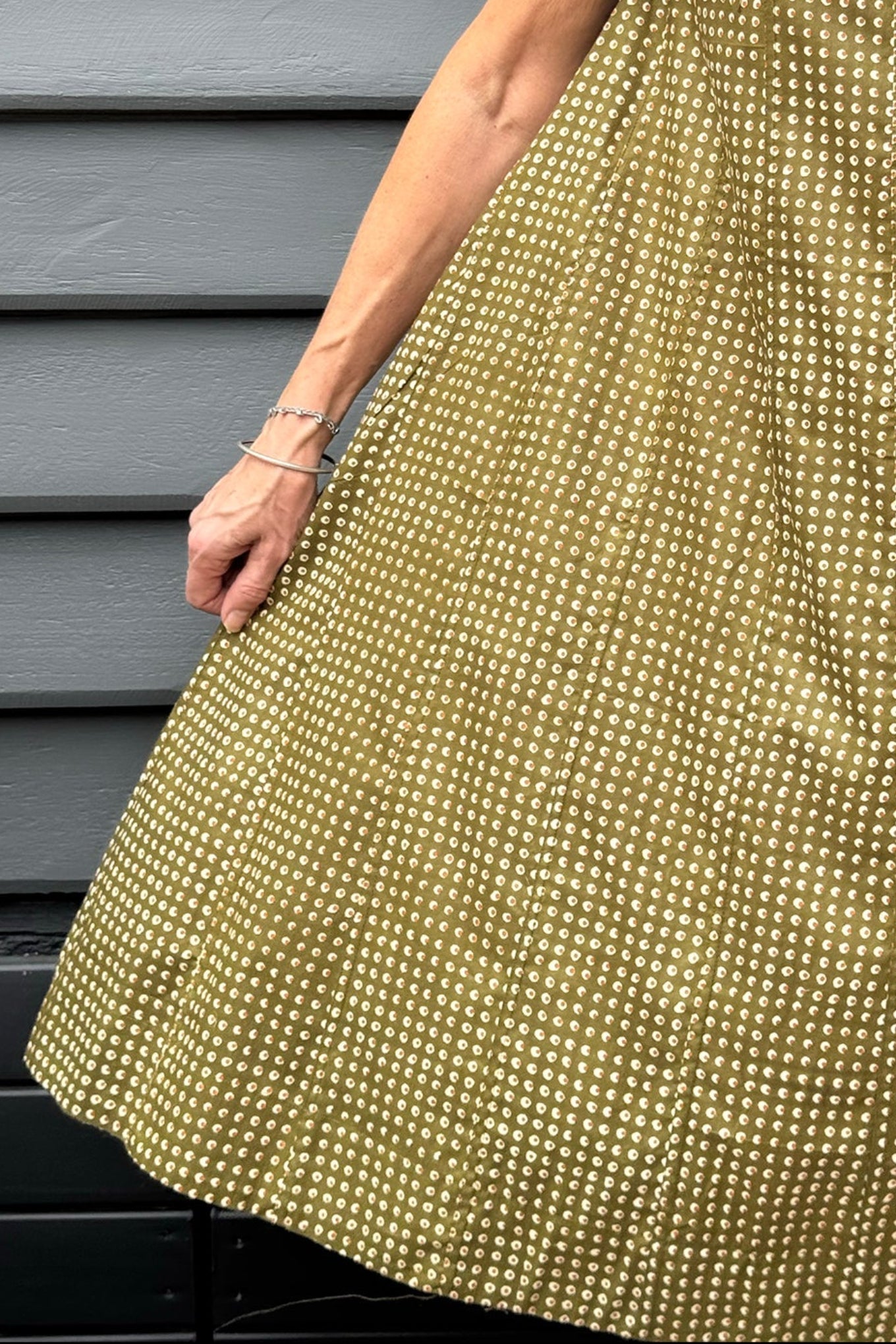 Juniper Hearth Tulsi cotton sleeveless sun dress screenprinted dots on olive green.
