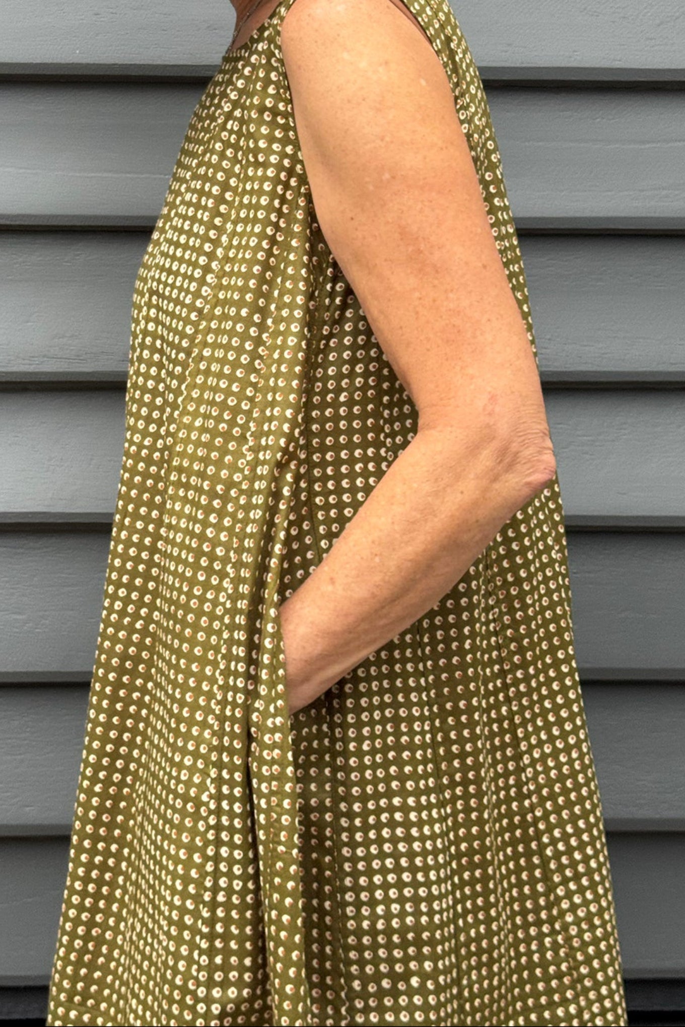 Juniper Hearth Tulsi cotton sleeveless sun dress screenprinted dots on olive green.