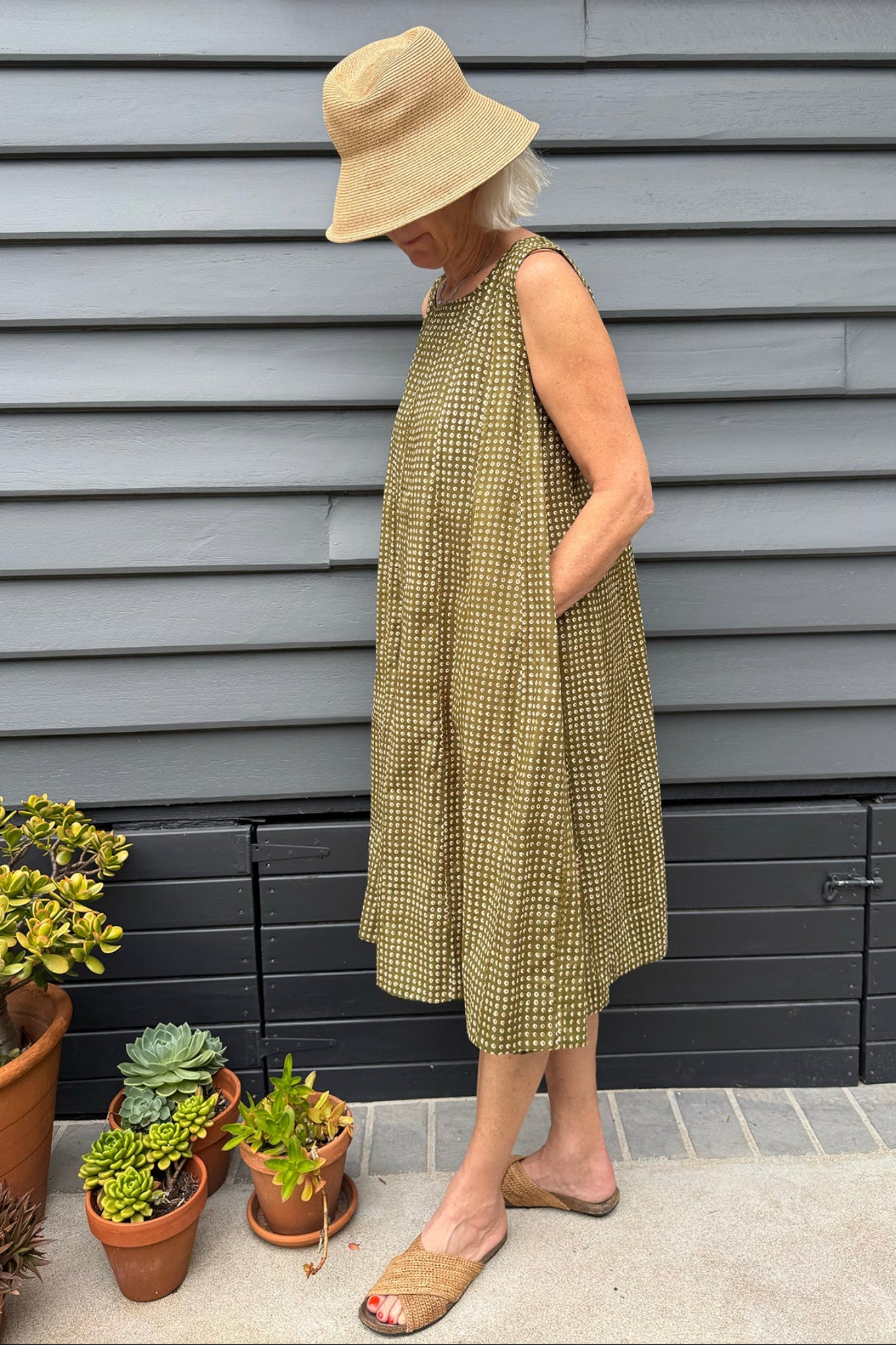 Juniper Hearth Tulsi cotton sleeveless sun dress screenprinted dots on olive green.