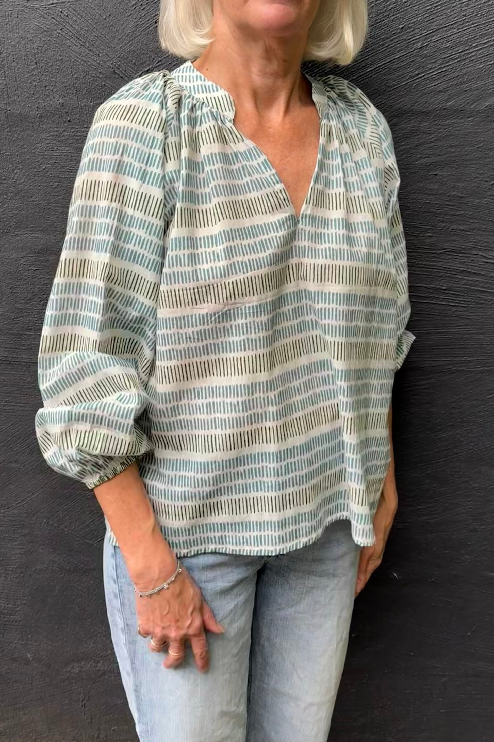 Cotton blockprint blouse white with blue and olive green stripes of stripes.