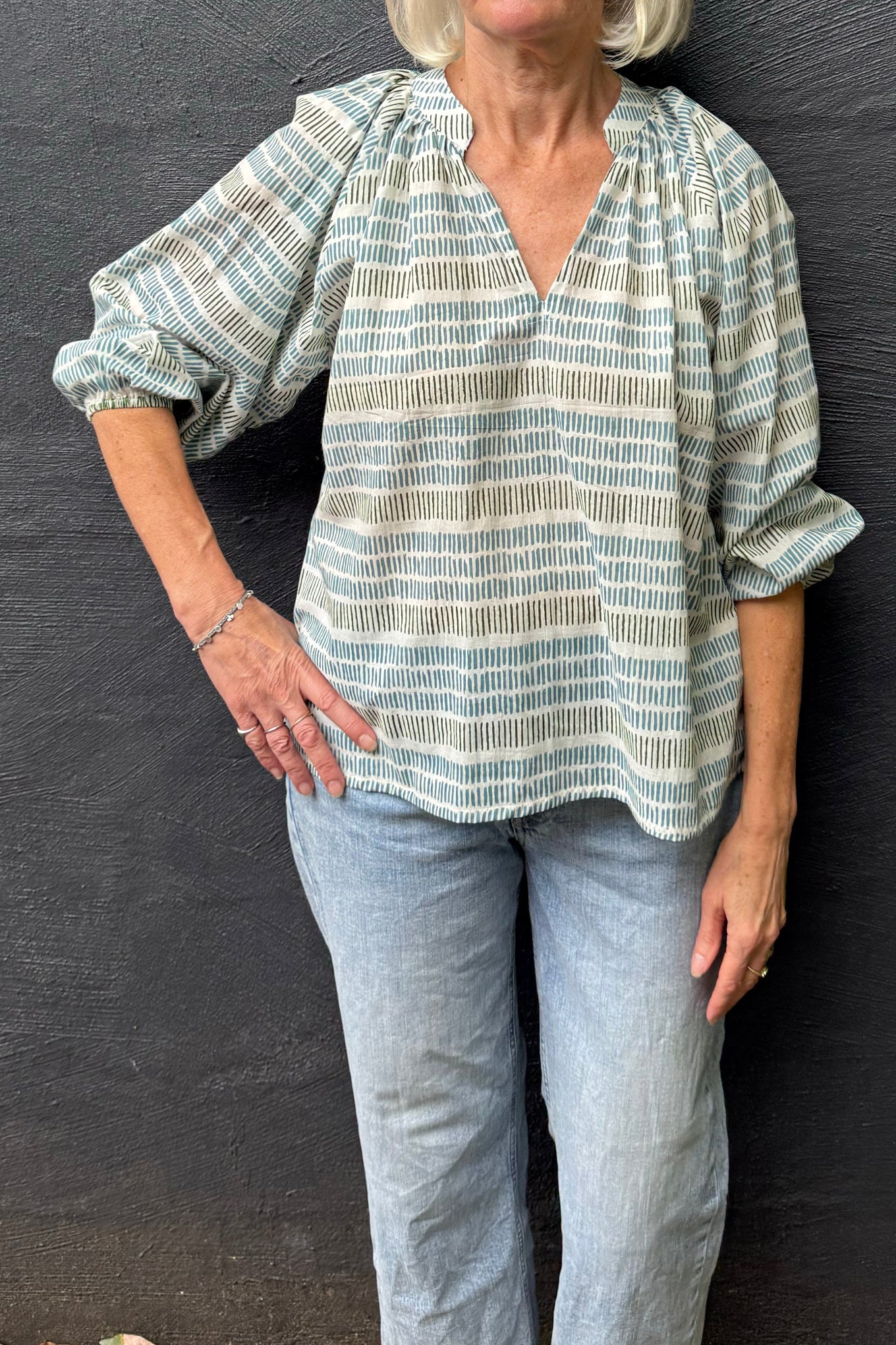 Cotton blockprint blouse white with blue and olive green stripes of stripes.