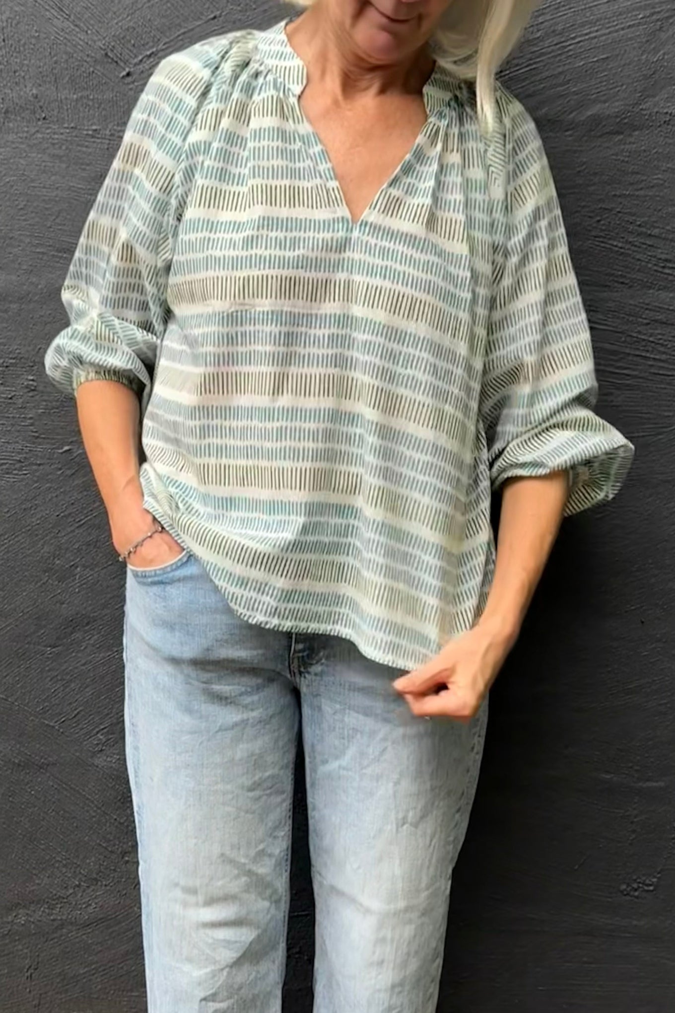 Cotton blockprint blouse white with blue and olive green stripes of stripes.