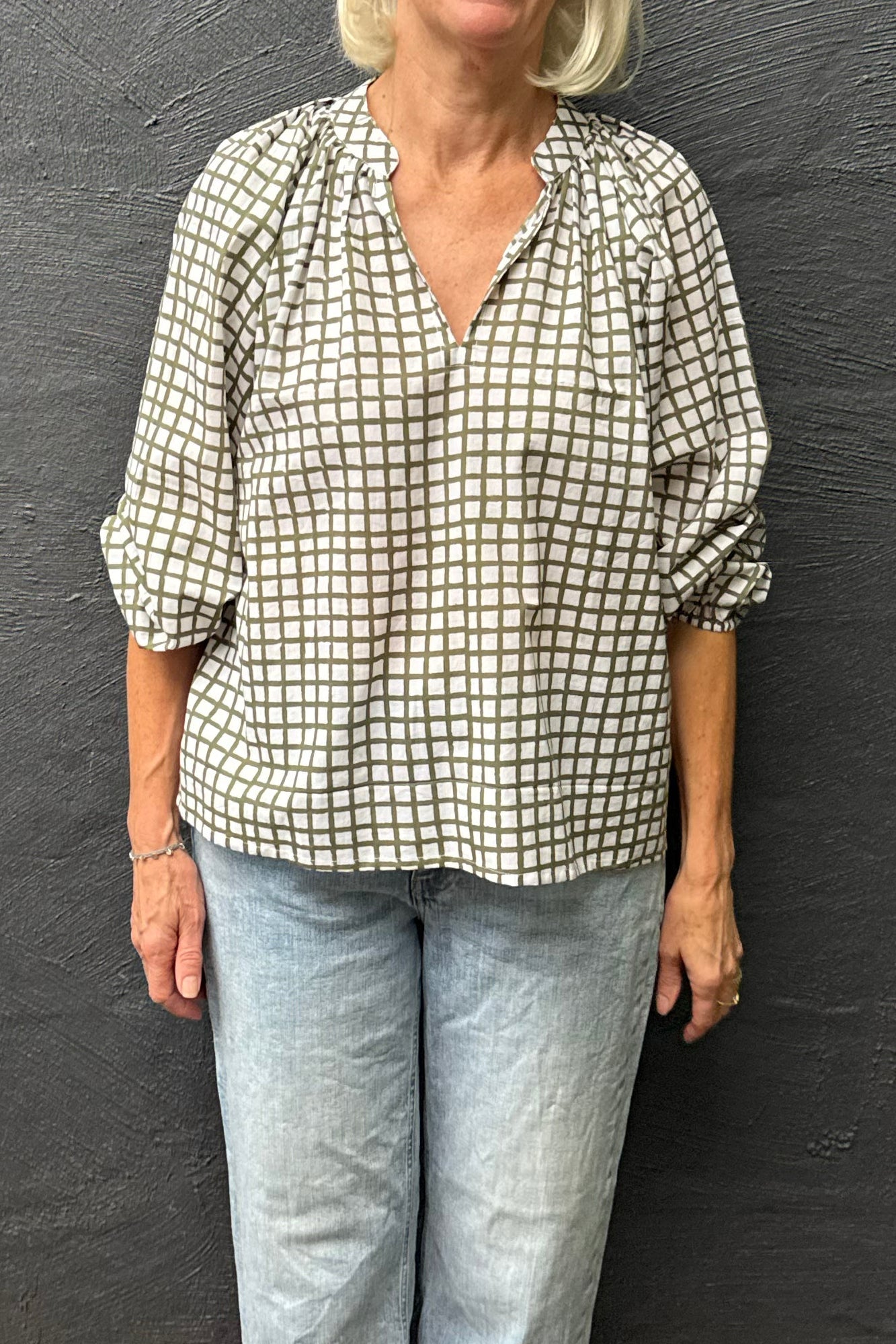 Green and white tile check blouse, blockprinted cotton.