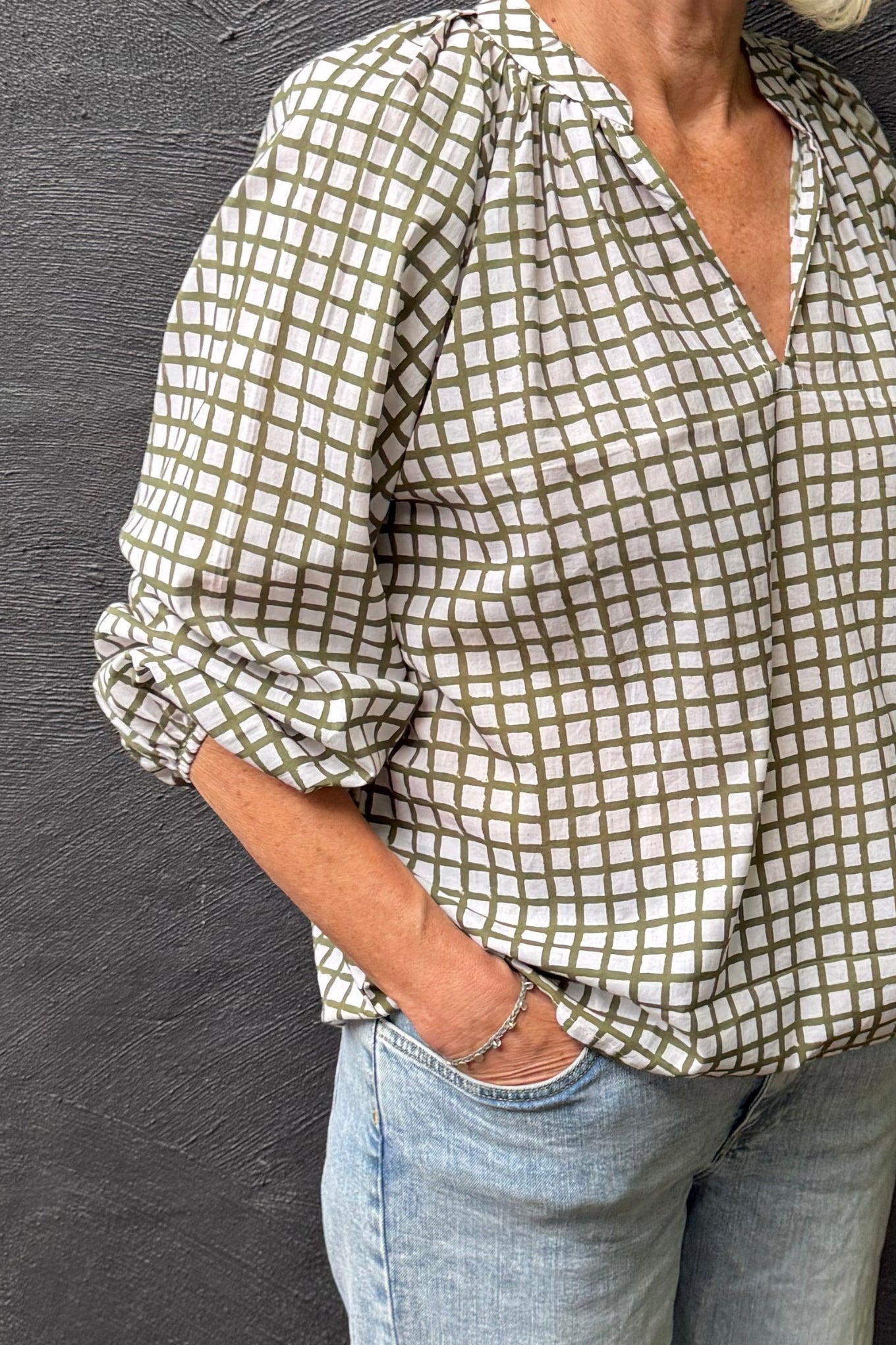Green and white tile check blouse, blockprinted cotton.