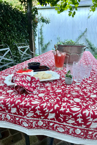 Juniper Hearth blockprint cotton table cloth in red and white floral.