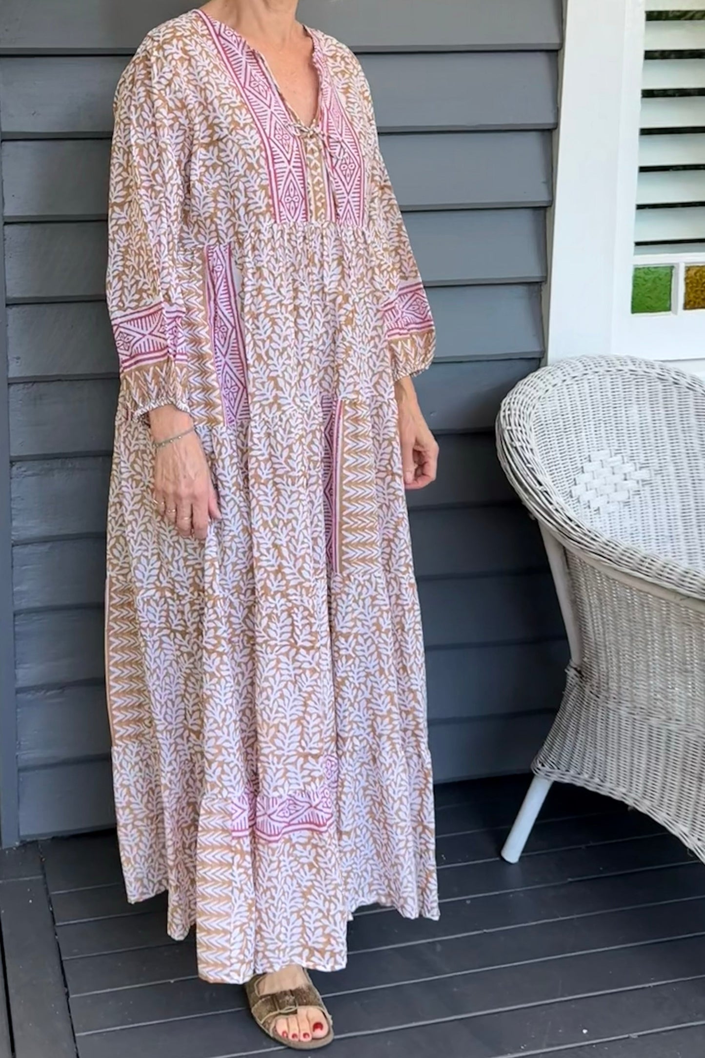 Dora Maxi dress light cotton voile blockprint maxi dress mustard on white floral with red accents.