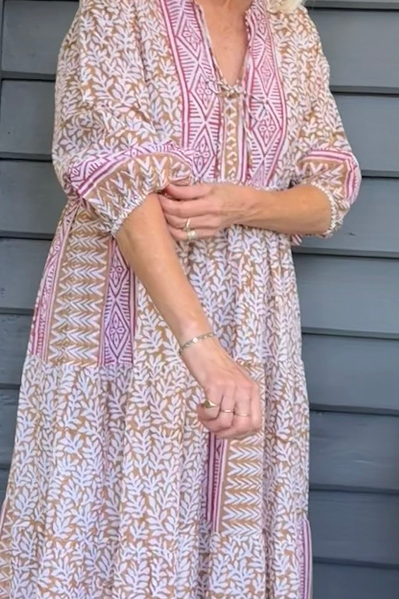 Dora Maxi dress light cotton voile blockprint maxi dress mustard on white floral with red accents.