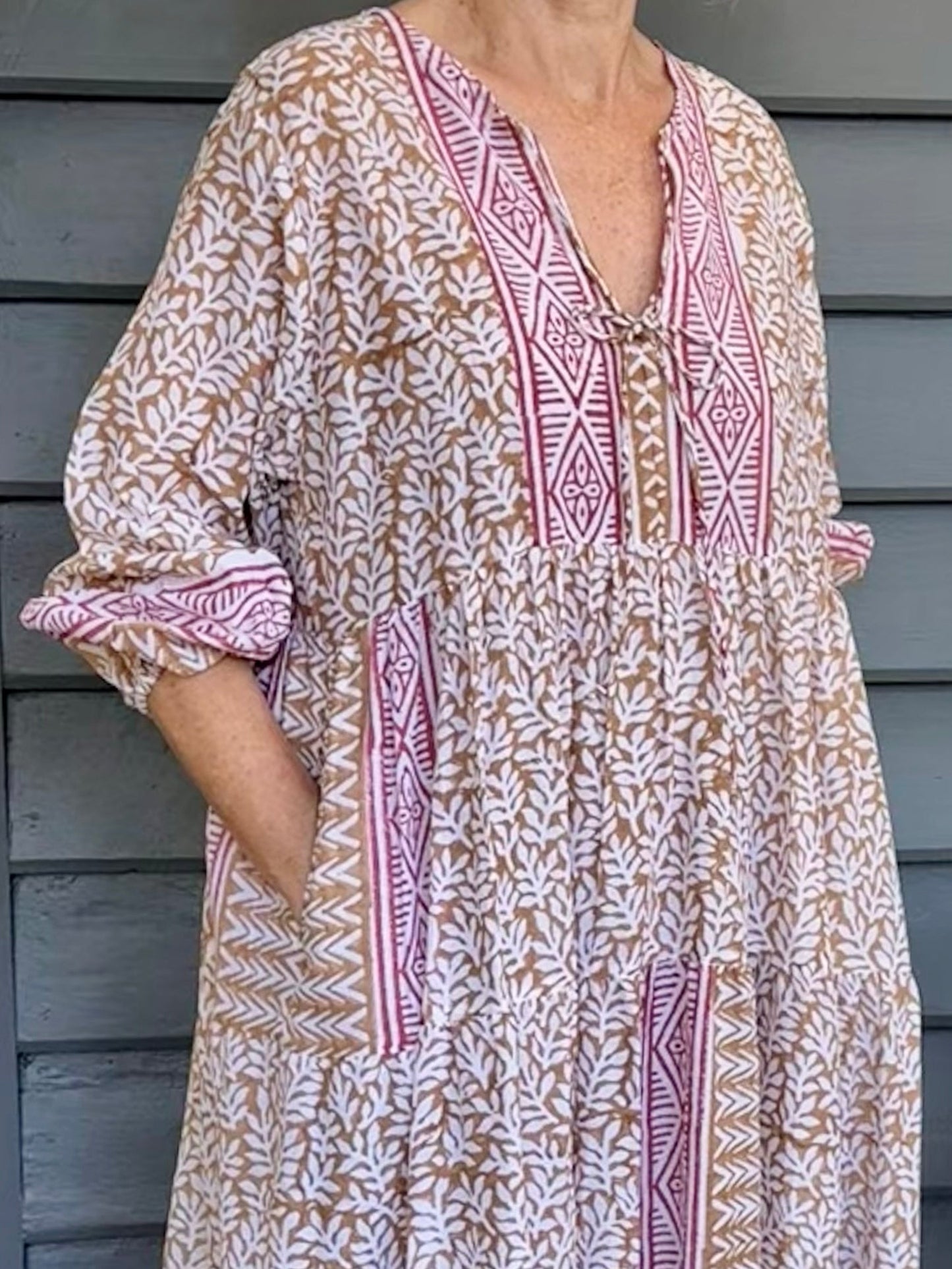 Dora Maxi dress light cotton voile blockprint maxi dress mustard on white floral with red accents.