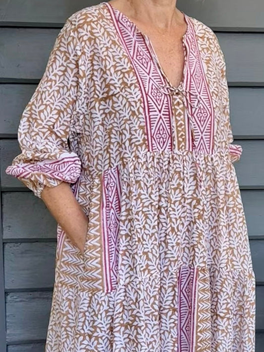 Dora Maxi dress light cotton voile blockprint maxi dress mustard on white floral with red accents.