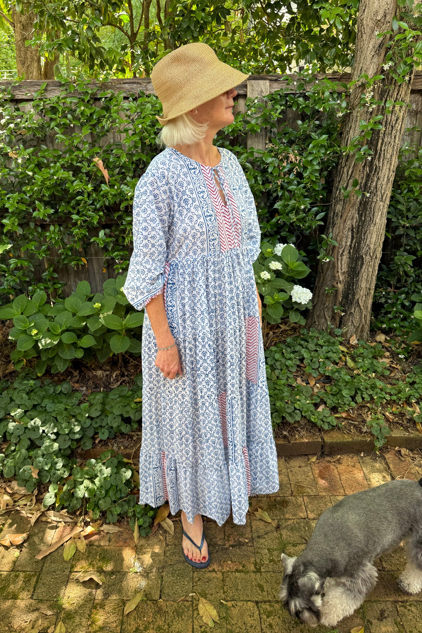 Dora Maxi dress light cotton voile blockprint maxi dress sky blue on white floral with red accents.