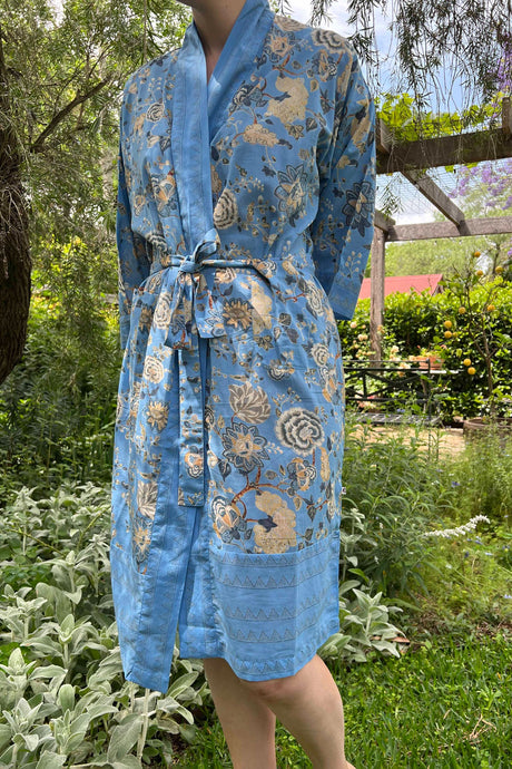 Juniper Hearth cotton voile kimono robe dressing gown in Malabar sky floral print on sky blue.