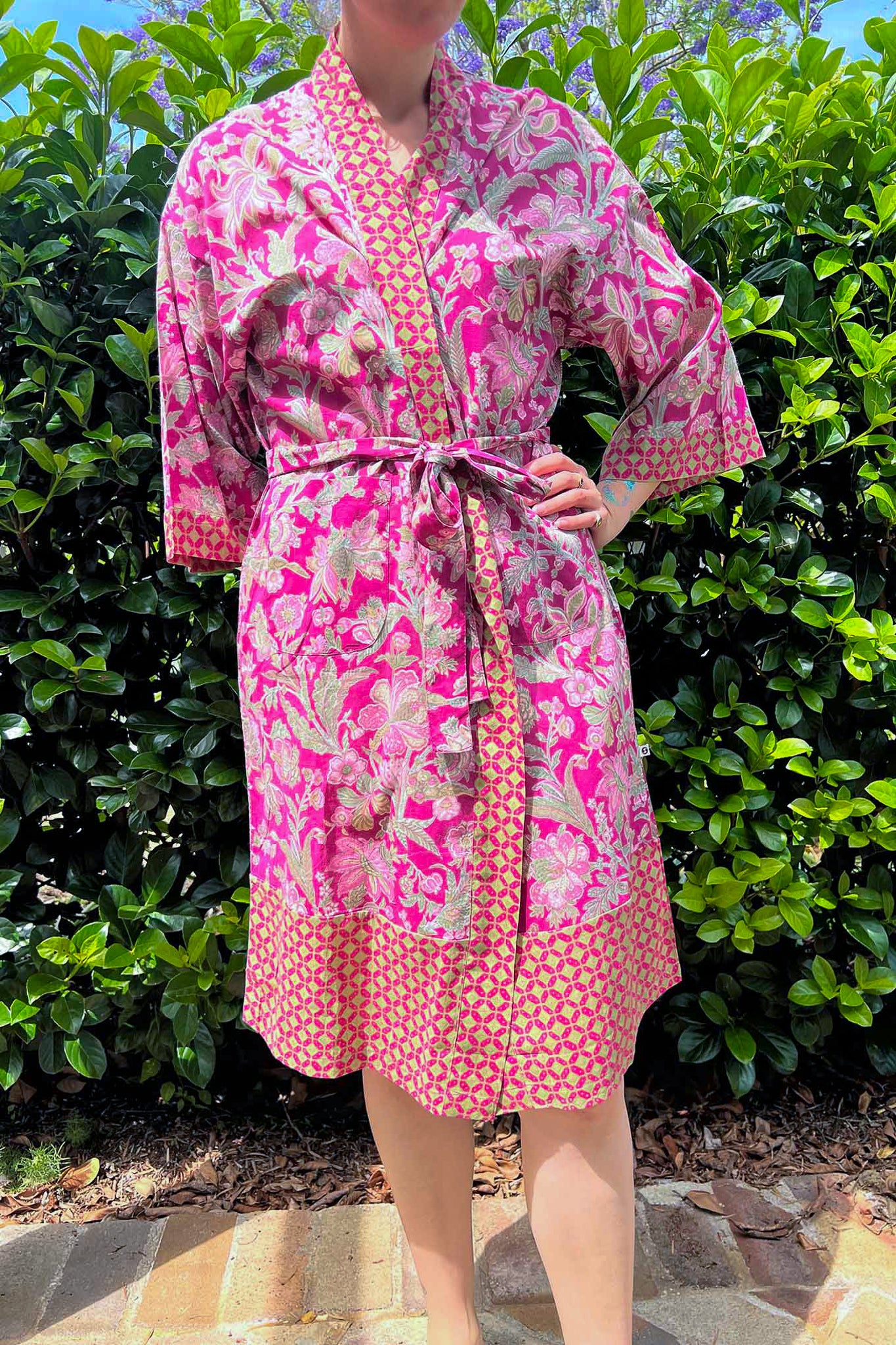 Juniper Hearth pure cotton kimono robe in magenta pink floral print with contrasting trim.