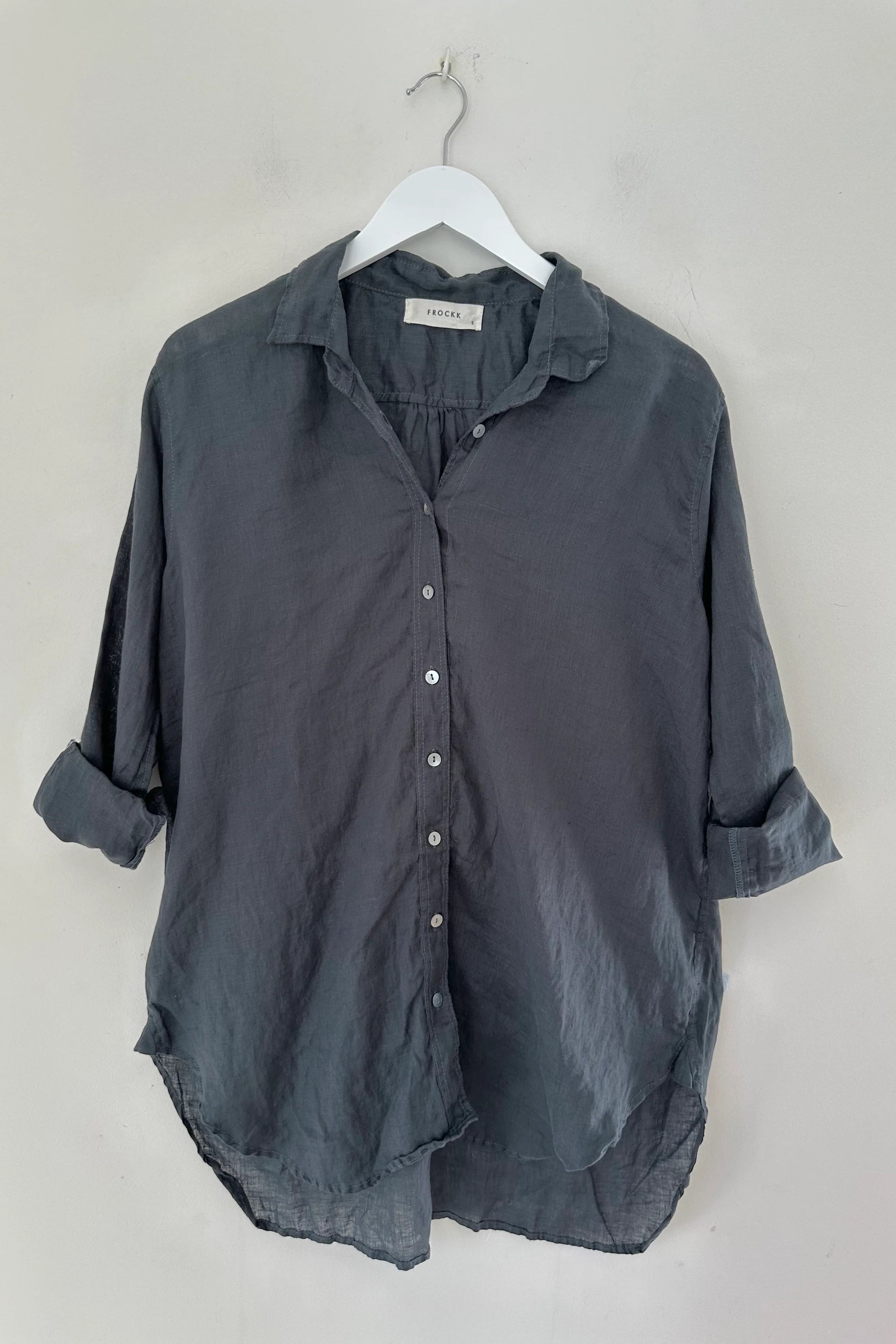 Frockk charcoal linen button up Skyla shirt.