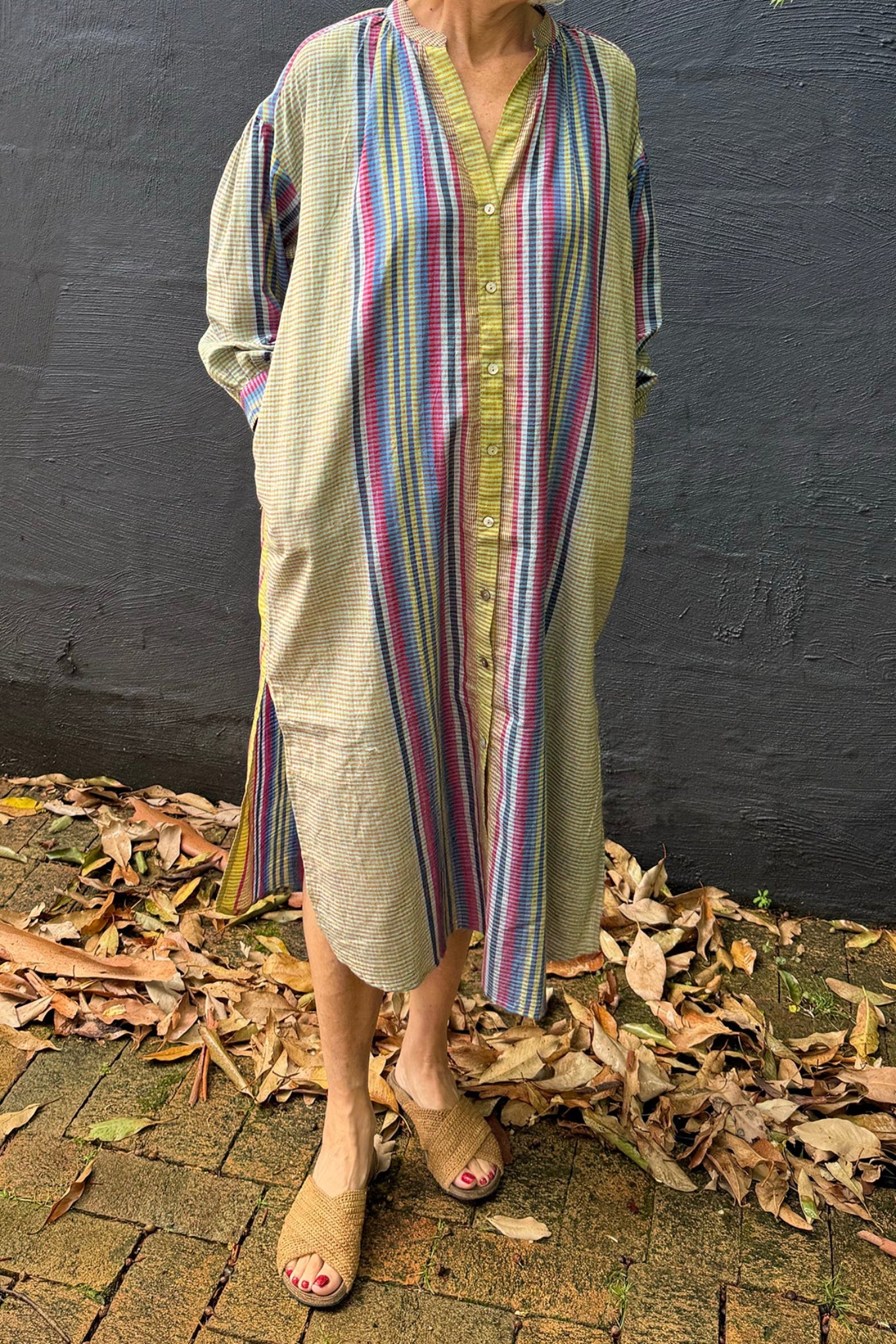 Handloom cotton check and stripe button up shirt dress in lime green, pinks and blues.
