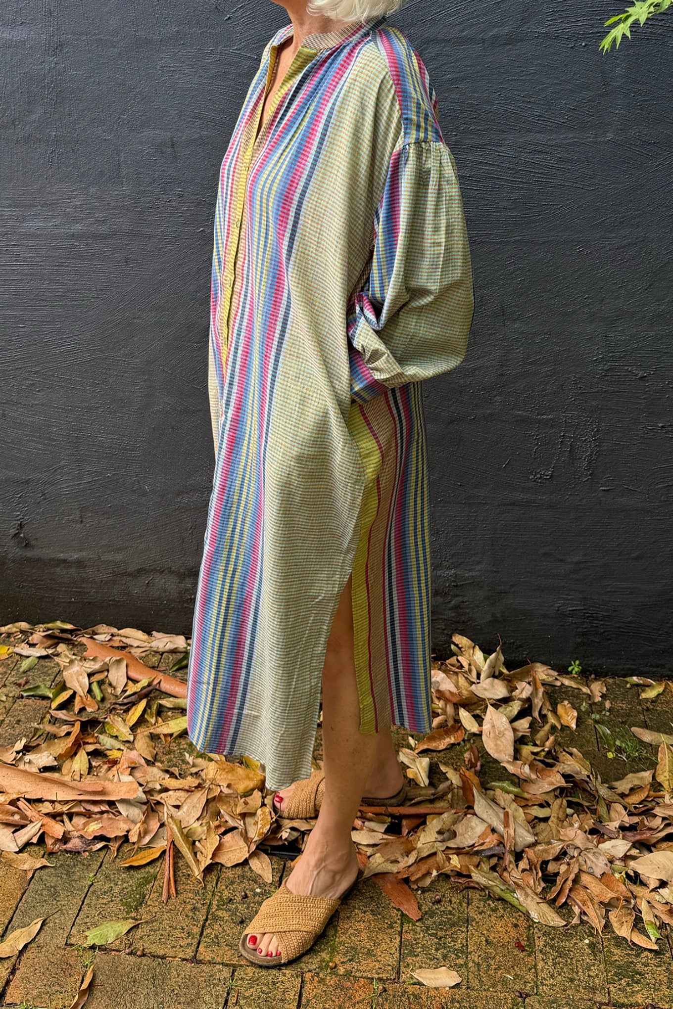 Handloom cotton check and stripe button up shirt dress in lime green, pinks and blues.