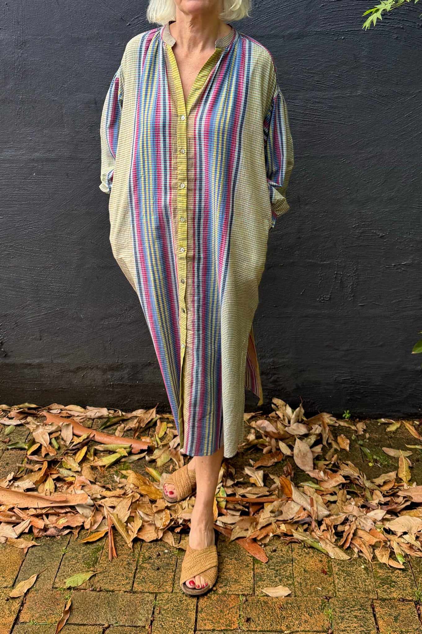 Handloom cotton check and stripe button up shirt dress in lime green, pinks and blues.