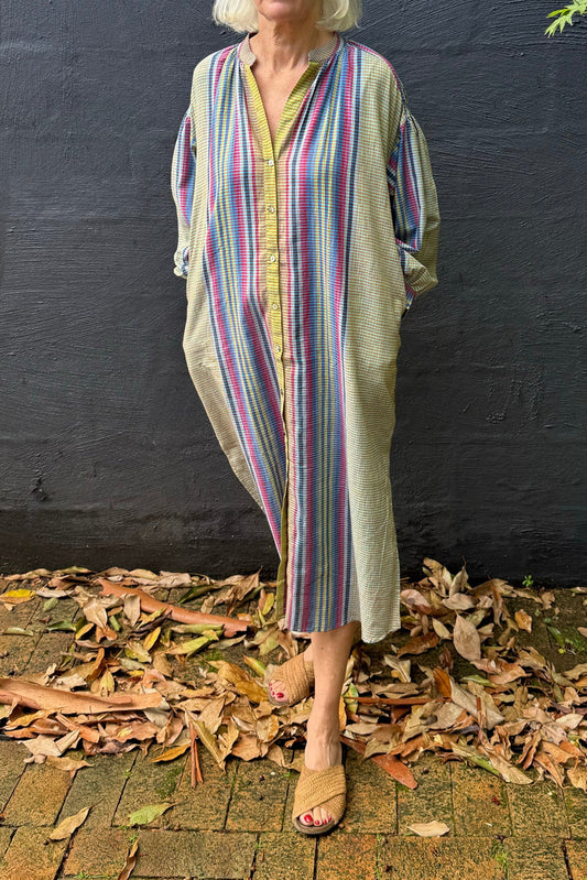 Handloom cotton check and stripe button up shirt dress in lime green, pinks and blues.