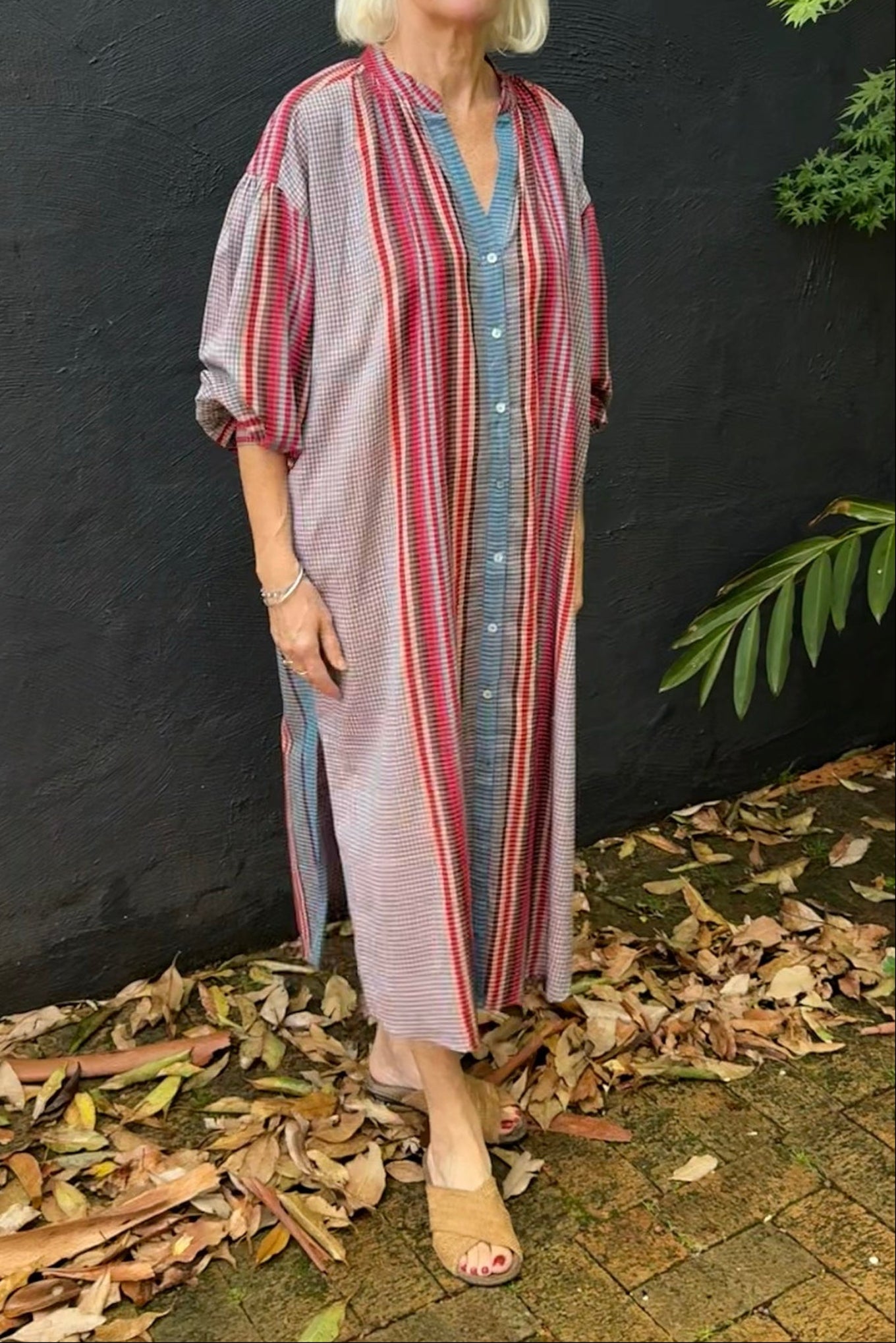 Handloom cotton check and stripe button up shirt dress in pinks and blues.