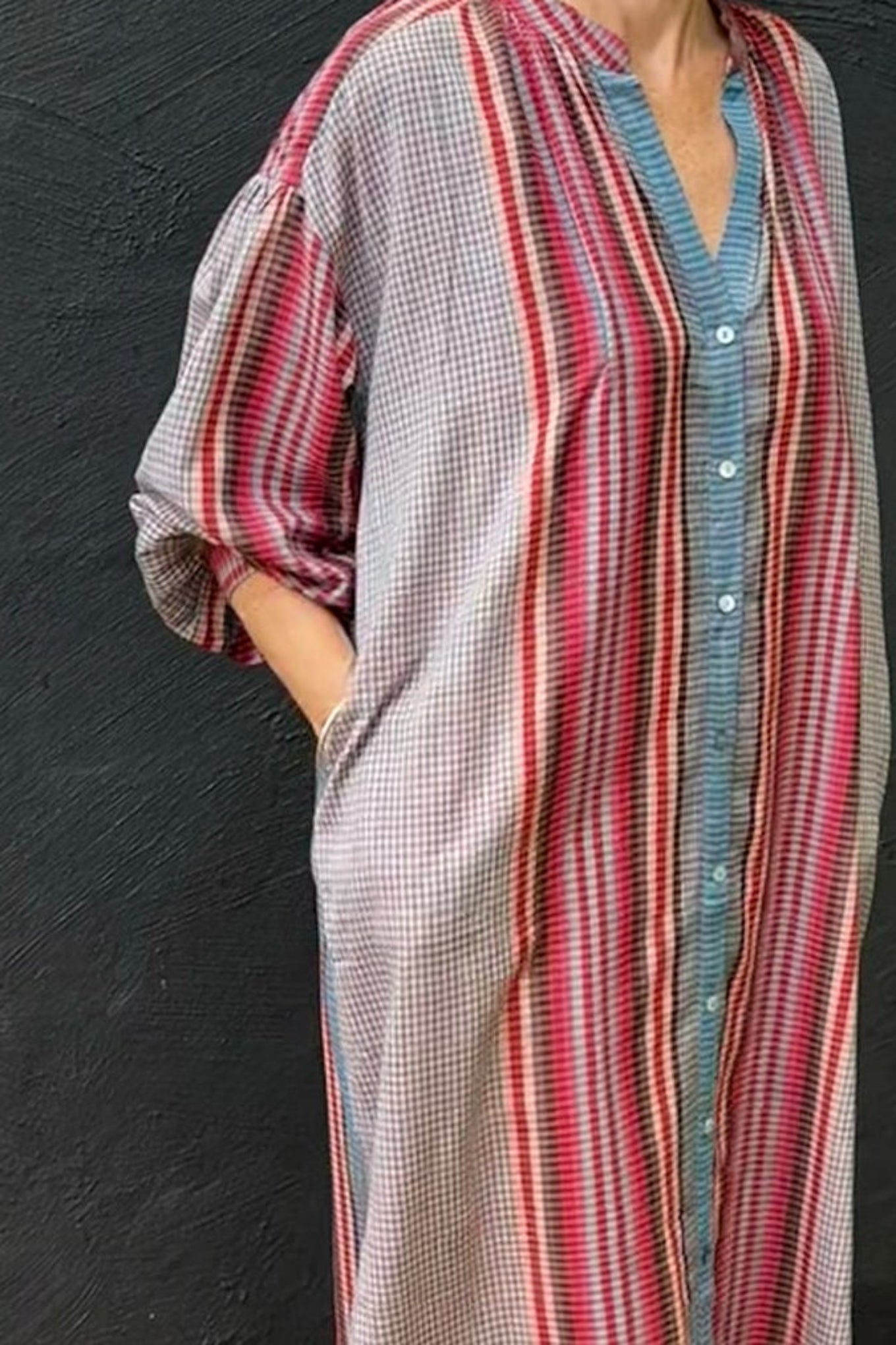Handloom cotton check and stripe button up shirt dress in pinks and blues.